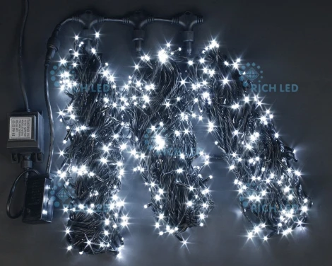 Гирлянда светодиодная белая с мерцанием 24B, 600 LED, провод черный, IP54 RL-S3*20F-B/W Rich LED