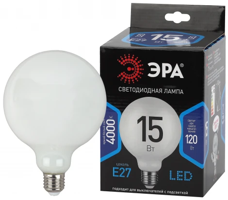 Лампочка светодиодная филаментная E27 15Вт ЭРА F-LED G125-15w-840-E27 OPAL F-LED G125-15w-840-E27 OPAL