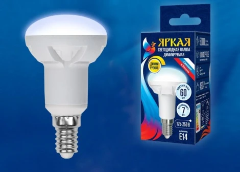 Лампочка светодиодная груша белая E14 7W 4000K Uniel LED-R50 7W/4000K/E14/FR/DIM PLP01WH
