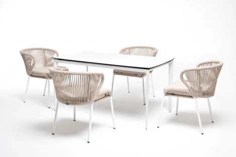 Обеденная группа на 4 персоны со стульями Милан, каркас белый, роуп бежевый 4SIS Малага MAL-CMIL4T1-5-SET beige