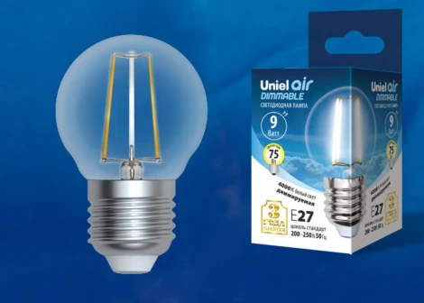 Лампочка светодиодная шар прозрачная E27 9W 4000K Uniel LED-G45-9W/4000K/E27/CL/DIM GLA01TR