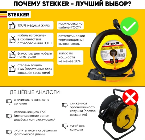 Удлинитель одноместный с заземлением 50 метров на пластиковой катушк Stekker Standart 39636