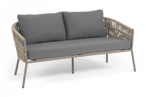 "Комо" диван 2-местный плетеный из роупа, каркас алюминий бежево-серый (RAL7006) муар, роуп серо-коричневый 23мм, ткань темно-серая 027 4SIS COM-S-2-001 RAL7006 Mua S-G-brown(D-gray027)