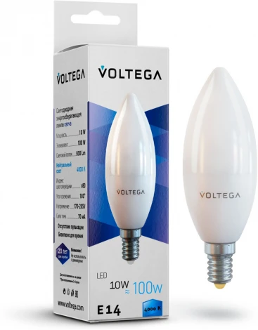 Лампочка светодиодная свеча белая колба E14 10 Вт 930 lm 4000K нейтральное белое свечение Voltega Simple 7065