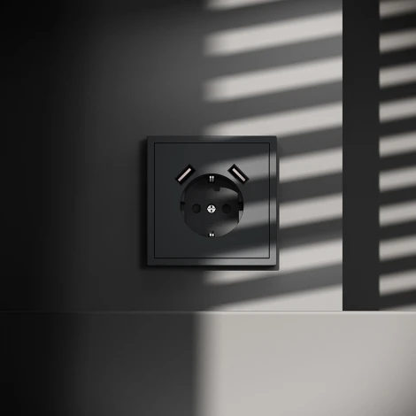 Розетка с заземлением, шторками и USBх2 (графит) Voltum S70 VLS040407