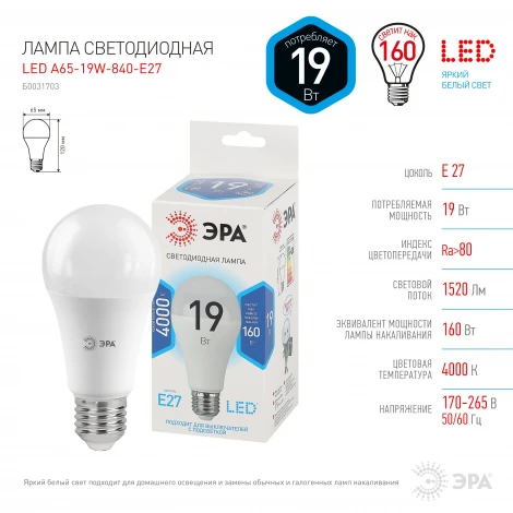 Лампочка светодиодная E27 19W ЭРА LED A65-19W-840-E27