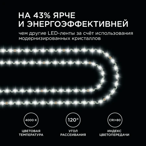 Светодиодная лента 24В 8Вт/м SMD2835 60д/м IP20 700Лм/м подложка S-типа 6мм, 5м 4000К Apeyron 00-350