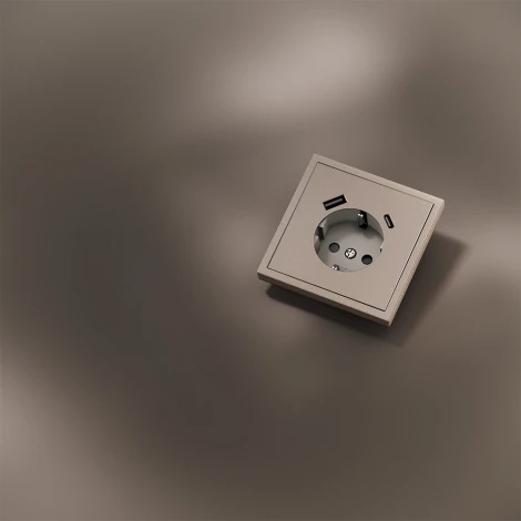 Накладка для розетки с заземлением и защитными шторками с USB A+C (платина) Voltum S70 Metal VLSM001010