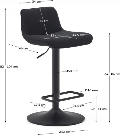 Барный стул Zenda из черной синели и матовой черной стали 81-102 см La Forma (ex Julia Grup) арт.166649