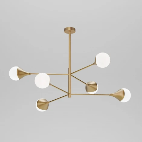 Потолочная люстра Wi-Fi на штанге Eurosvet Calyx 60168/6 латунь (220V, управление смартфоном, голосовое управление, умный дом - Minimir Home, Алиса, Маруся, Салют, шарики)