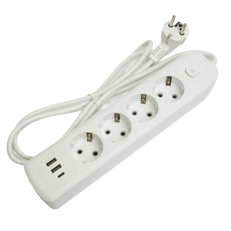 Удлинитель 4-х местный 2хUSB Type A+C 1,8м. (белый) Stekker Home plus 49971