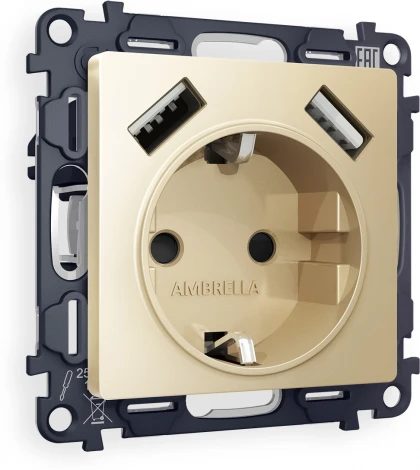 Комплект механизма Ambrella Volt электрической розетки ALFA MA609010 Шампань 2USB A+A 18W быстрая зарядка с заземлением и шторками 2P+E 16A-250V QUANT