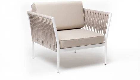 "Касабланка" кресло плетеное из роупа, каркас алюминий белый муар, роуп бежевый 20мм, ткань бежевая 052 4SIS арт.УТ-00007006