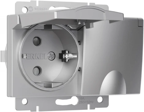 Розетка двойная влагозащ. с зазем. с защит. крышками и шторками (серебряный) W1172206 IP44 Werkel (a057285)