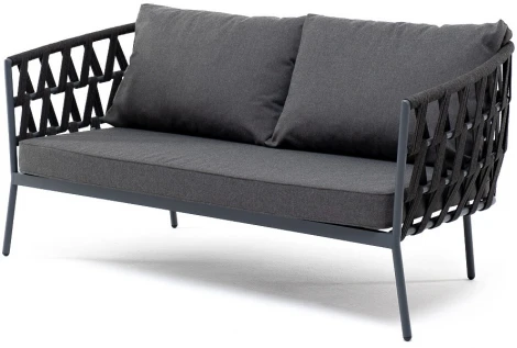 "Диего" диван 2-местный плетеный из роупа, каркас алюминий темно-серый (RAL7024) муар, роуп темно-серый круглый, ткань темно-серая 027 4SIS арт.УТ-00006825
