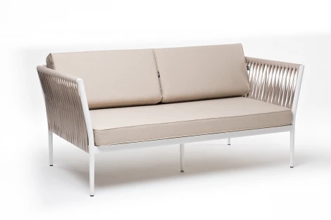 "Касабланка" диван 2-местный плетеный из роупа, каркас алюминий белый муар, роуп бежевый 20мм, ткань бежевая 15052 4SIS арт.УТ-00009934