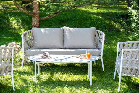 "Диего" лаунж-зона 4-местная плетеная из роупа (веревки), каркас алюминиевый белый, роуп бежевый 4SIS арт.УТ-00008434