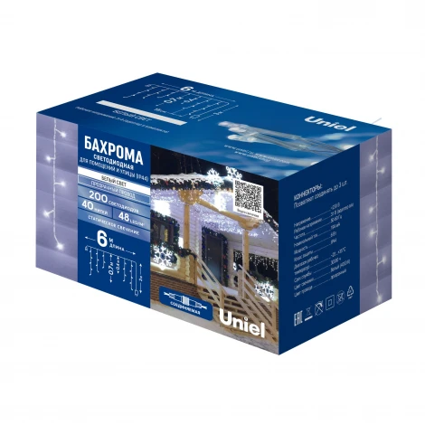 Бахрома светодиодная со статическим свечением, 6м. соединяемая, 200 светодиодов, белый свет Uniel ULD-B6007-200/STK WHITE IP44