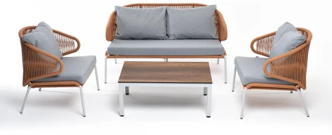 "Милан" лаунж-зона 4-местная плетеная из роупа (веревки), каркас алюминиевый светло-серый, роуп оранжевый меланж 4SIS арт.УТ-00005966