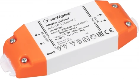 Блок питания ARV-SP-12030-PFC (12V, 2.5A, 30W) (Arlight, IP20 Пластик, 5 лет) 039230