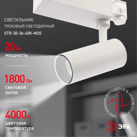 Трековый светильник ЭРА SТR-30-36-40K-W20 (LED, 220V, круглые, IP40)