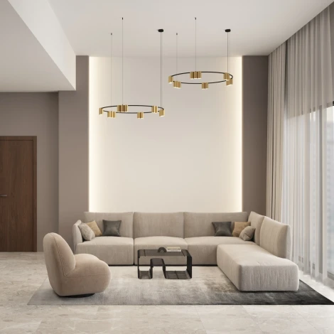 Подвесной светильник Denkirs Orbit DK4067-BK+SG 15xGU10 LED, до 15 Вт, черный + сатинированное золото (220V, на тросе, кольцо)