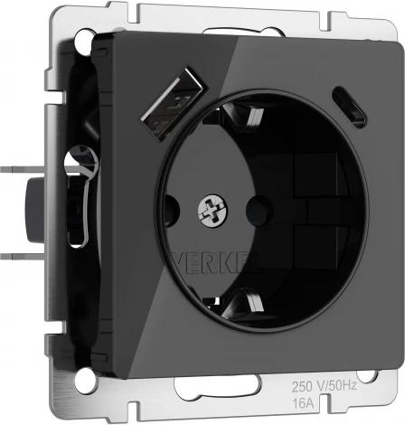 Розетка с заземлением,шторками и USB Type A+С (черный акрил) Werkel W1171748 (a064044)