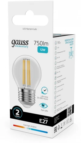 Лампочка светодиодная филаментная Gauss Filament Elementary 52222 Шар 12W 750lm 4100К Е27 LED