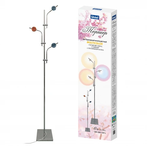Торшер светодиодный, c регулировкой наклона, с линзами, сменные светофильтры в/к Uniel ULM-T641 3x2W/3000K CHROME MULTICOLOR