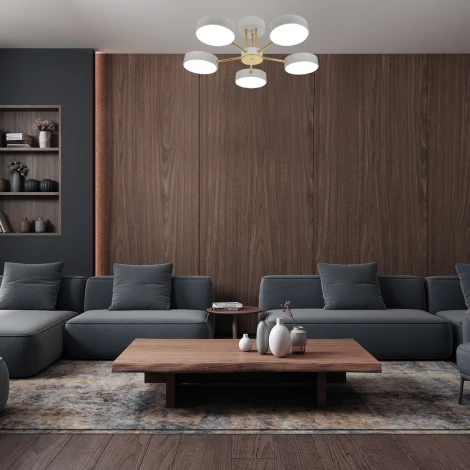 Потолочная люстра на штанге с таймером Escada Rune 10262/5LED 64Вт, с ПДУ, металл/акрил, белый/золото (220V)