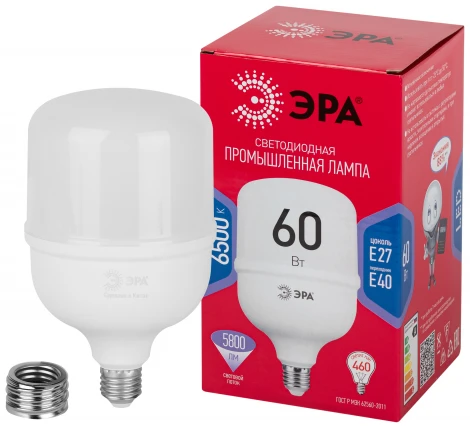 Лампочка светодиодная E27 с переходником на E40 60W ЭРА LED POWER T120-60W-6500-E27 с переходником на E40/E40 R