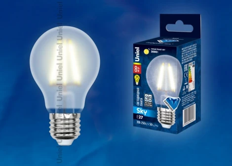Лампочка светодиодная груша прозрачная E27 8W 3000K Uniel LED-A60-8W/WW/E27/FR PLS02WH