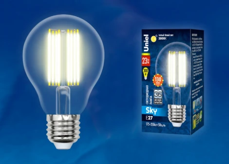 Лампочка светодиодная груша прозрачная E27 23W 3000K Uniel LED-A70-23W/3000K/E27/CL PLS02WH