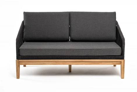 "Канны" диван 2-местный плетеный из роупа, основание дуб, роуп темно-серый круглый, ткань темно-серая 027 4SIS арт.УТ-00006926