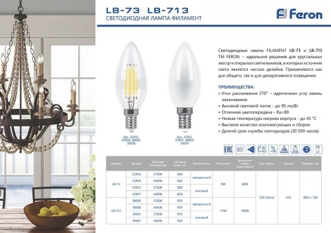 Лампочка светодиодная филаментная E14 9W 220V свеча белая 2700K Feron 25955