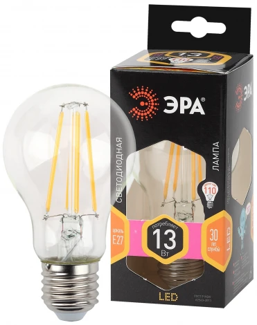Лампочка светодиодная филаментная E27 13W ЭРА F-LED A60-13W-827-E27