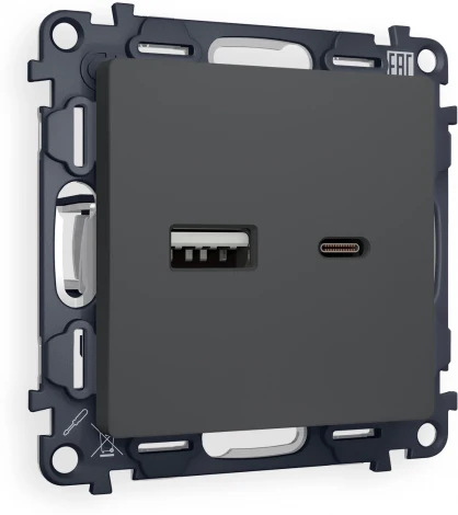 Комплект механизма Ambrella Volt розетки ALFA MA911010 Графит мягкое касание 2USB A+C 20W быстрая зарядка QUANT