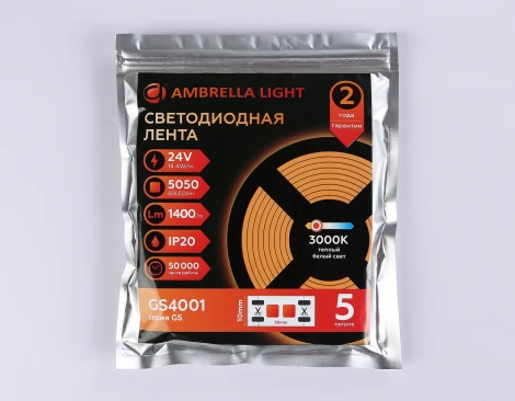 Светодиодная лента Ambrella Illumination Led Strip 24V GS4001 5050 60Led /14.4W m/ 24V IP20 3000K 5m