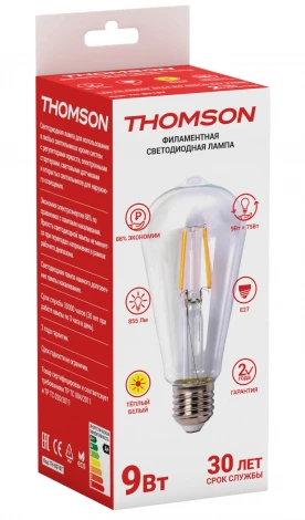 Лампочка светодиодная филаментная прозрачная груша E27 9W Thomson St64 TH-B2107