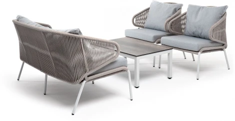 "Милан" лаунж-зона 4-местная плетеная из роупа (веревки), каркас алюминиевый белый, роуп бежевый 4SIS арт.УТ-00005967