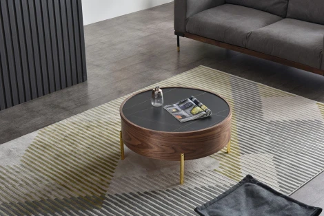 Стол журнальный ESF CT6057CS (D80) черная керамика/орех/золото/Дерево,Керамика,Нержавеющая сталь