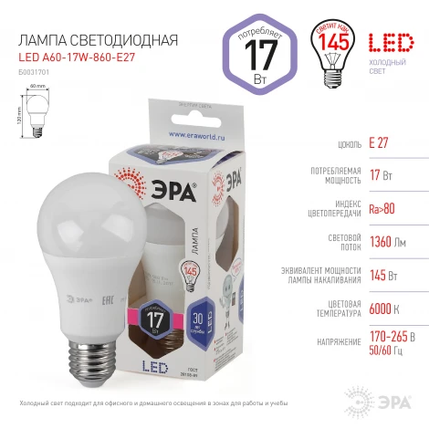 Лампочка светодиодная E27 17W ЭРА LED A60-17W-860-E27