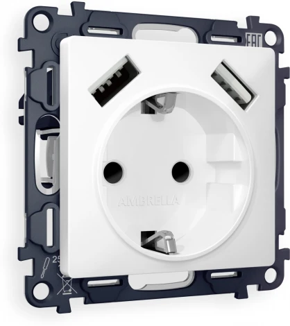 Комплект механизма Ambrella Volt электрической розетки ALFA MA129010 Белый матовый 2USB A+A 18W быстрая зарядка с заземлением со шторками 2P+E 16A-250V QUANT