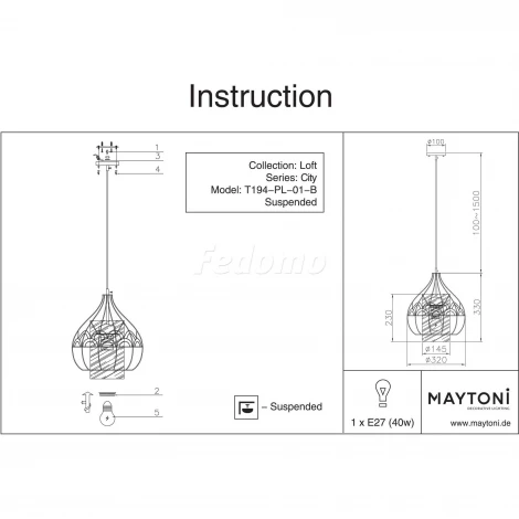 Подвесной светильник Maytoni City T194-PL-01-B
