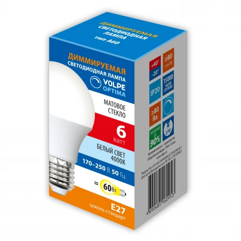 Лампа светодиодная, диммируемая, форма "A", матовая, белый свет 4000K Volpe OPTIMA DIM LED-A60-6W/4000K/E27/FR/DIM/SLS