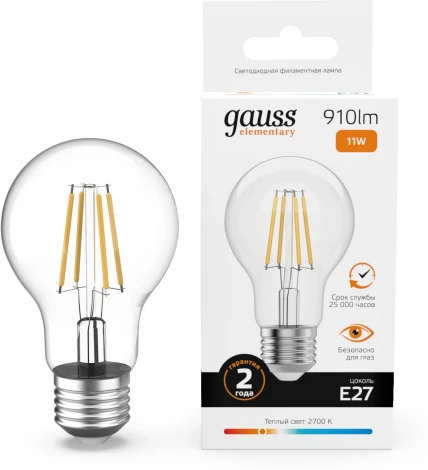 Лампочка светодиодная филаментная Gauss Filament Elementary 22211 А60 11W 910lm 2700К Е27 LED