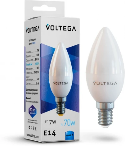 Лампочка светодиодная свеча белая колба E14 7 Вт 680 lm 4000K нейтральное белое свечение Voltega Simple 7049