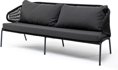 "Милан" диван 3-местный плетеный из роупа, каркас алюминий темно-серый (RAL7024) муар, роуп темно-серый круглый, ткань темно-серая 027 4SIS арт.УТ-00006817