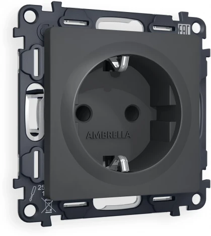 Комплект механизма Ambrella Volt электрической розетки ALFA MA907010 Графит мягкое касание с заземлением и шторками 2P+E 16A-250V QUANT