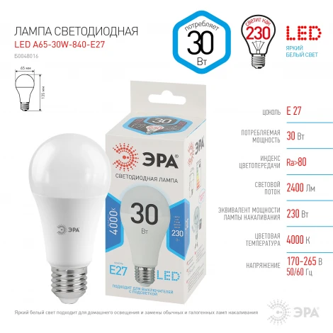 Лампочка светодиодная E27 30W ЭРА LED A65-30W-840-E27